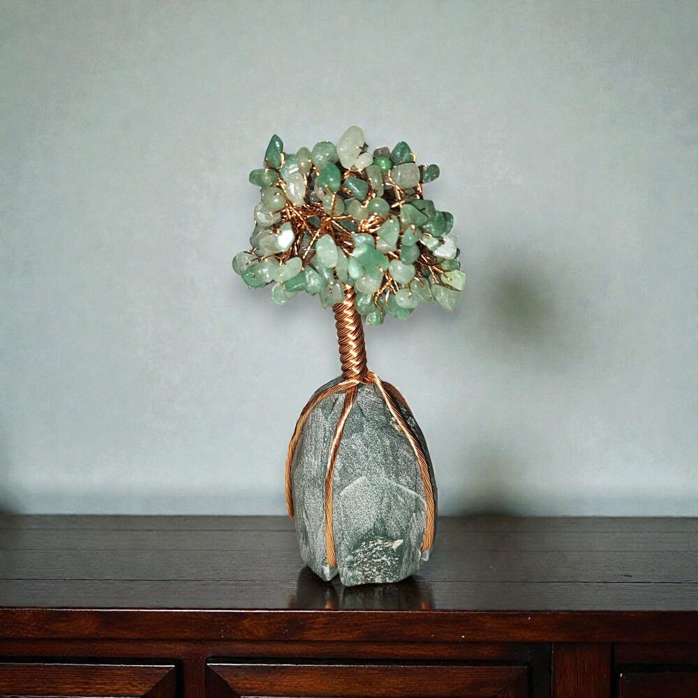 Green Aventurine Gemstone Tree of Life Copper Wire Sculpture on Stone Base